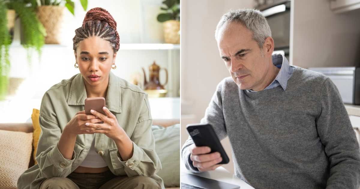 (L) Woman shocked after receiving text message on phone. (Representative Cover Image Source: Getty Images| izusek), (R) Elderly man sending poignant message on phone. (Representative Cover Image Source: Getty Images| Johnny Greig)