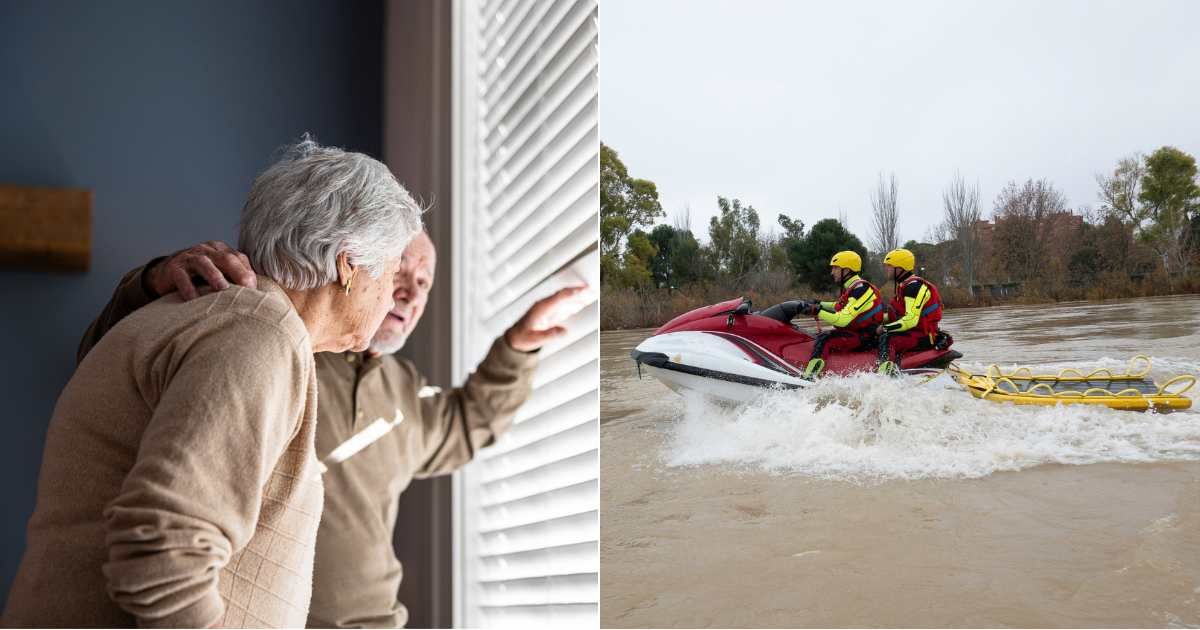 (L) Worried elderly couple trapped in home looking outside. (Representative Cover Image Source: Getty Images| adamkaz), (R) Rescuers arrive on jet ski with raft during floods. (Representative Cover Image Source: Getty Images| Marcos Pastor Lopez)