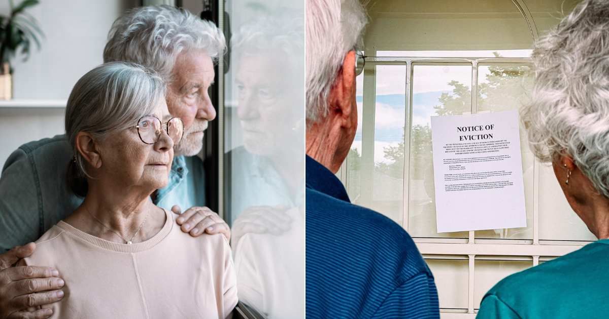 (L) Elderly worried couple comfort each other at home. (Representative Cover Image Source: Getty Images| lucigermi), (R) Senior couple looking at eviction notice. (Representative Cover Image Source: Getty Images| Jeremy Poland)