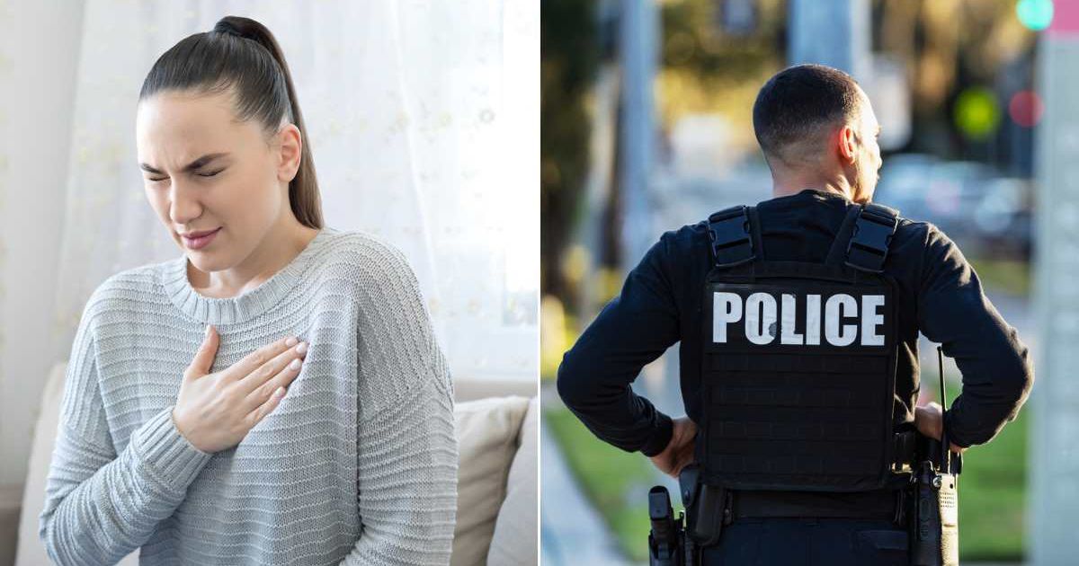 (L) Woman sitting down with a hand on her heart. (R) A police officer at work. Representative Cover Image Source: Getty Images | bymuratdeniz; kali9