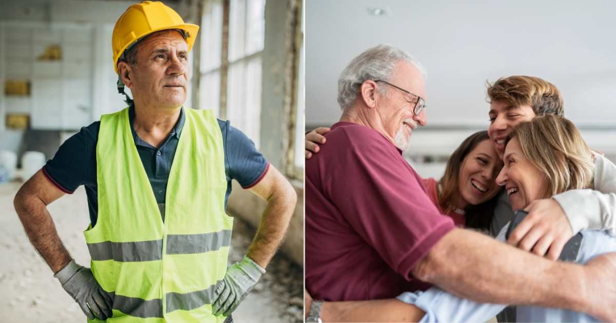 (L) Construction worker notices something unusual at a distance while working. (Representative Cover Image Source: Getty Images| South_agency), (R) Grandpa emotionally hugs family. (Representative Cover Image Source: Getty Images| FG Trade)