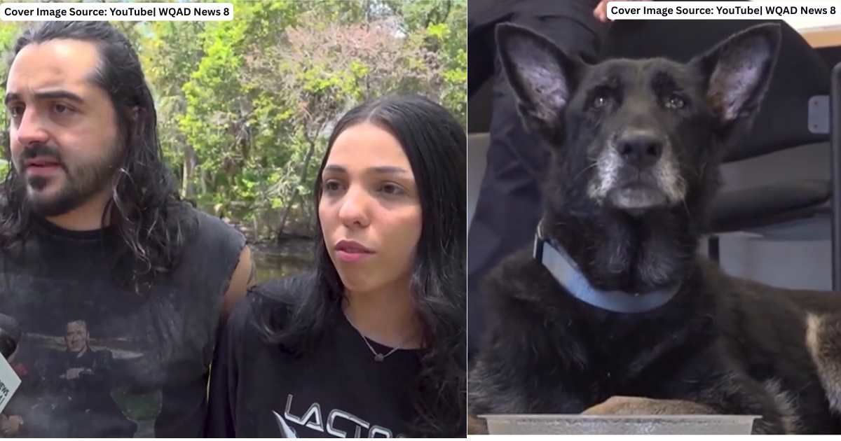 (L) Fede Skinner and Aisha Fahmy speak in interview. (Cover Image Source: YouTube| WQAD News 8), (R) Rescued German Shepherd under Lauderdale Fire Rescue Officers' care. (Cover Image Source: YouTube| WQAD News 8)