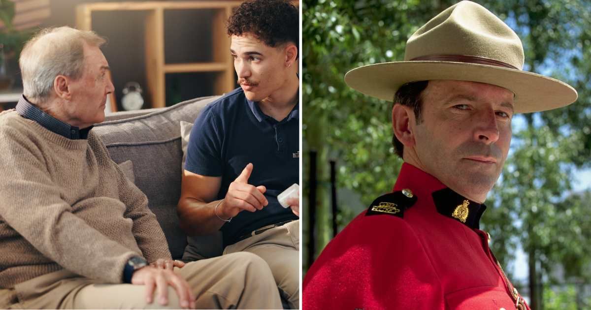 (L) A man talking to an elderly man. (R) A Mountie police officer. (Representative Image Source: Getty Images | Photo by (L) Jacob Wackerhausen, (R) Dave G. Houser)