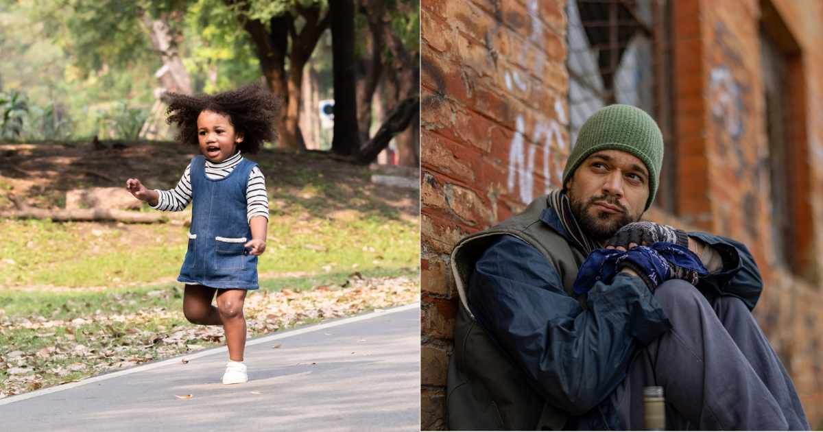 (L) Little girl running from yard to road. (Representative Cover Image Source: Getty Images| Photo by Simply Love), (R) Homeless man looking intently while sitting on streets. (Representative Cover Image Source: Getty Images| Photo by Pixels Effect)