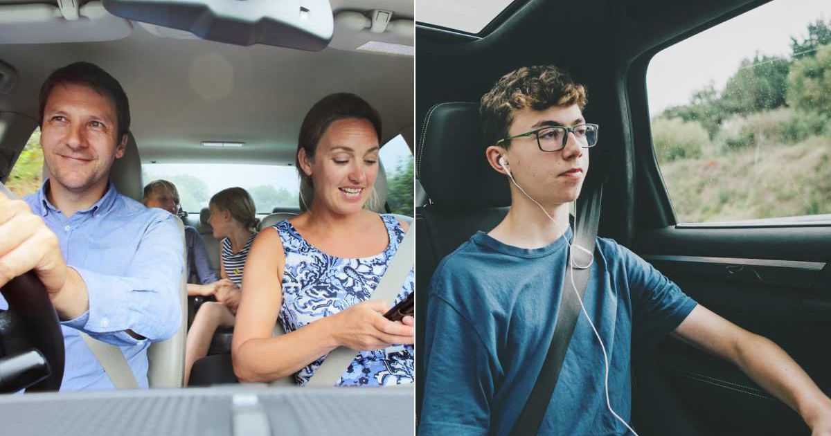 (L) A family of four on a drive. (R) A teen boy in a car's back seat. Representative Cover Image Source: Getty Images | Carol Yepes