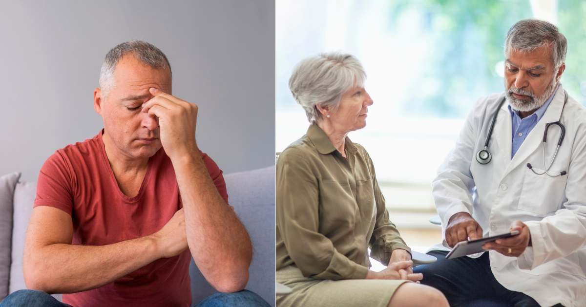 (L) Middle-aged man holding arm and head in pain. (Representative Cover Image Source: Getty Images| ljubaphoto), (R) Middle-aged woman speaking to doctor about loved one in hospital. (Representative Cover Image Source: Getty Images| FangXianNuo)