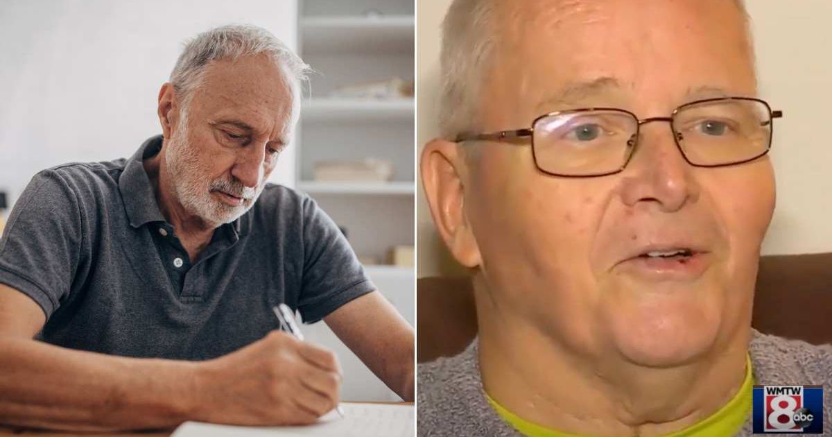 (L) Old man writing something on a piece of paper. (R) The veteran talking to an interviewer. Representative Cover Image Source: Getty Images | South Agency; YouTube | WMTV