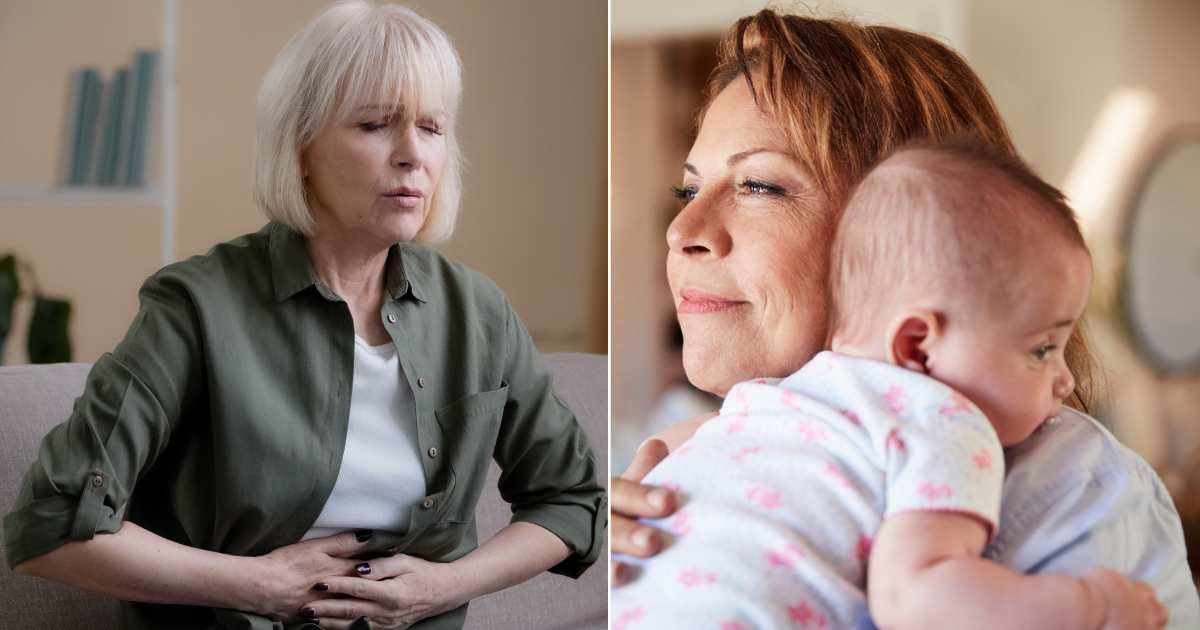 (L) Middle-aged woman holding belly in pain. (Representative Cover Image Source: Getty Images| Yuliia Kaveshnikova), (R) Woman holding newborn and smiling gracefully. (Representative Cover Image Source: Getty Images| monkeybusinessimages)