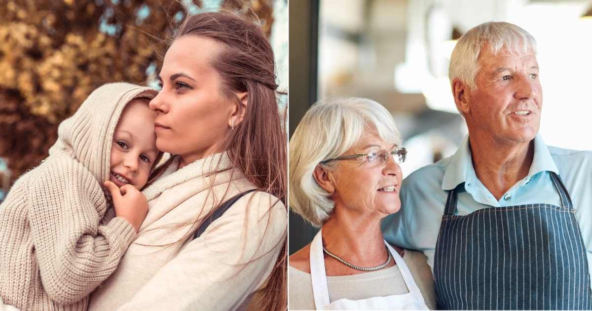 (L) Worried mom all alone outdoors carrying toddler. (Representative Cover Image Source: Getty Images| 1BSG), (R) Elderly couple owning restaurant notice customer. (Representative Cover Image Source: Getty Images| Jacob Wackerhausen)