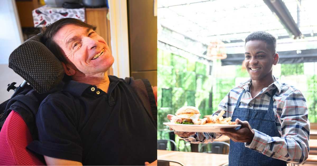 (L) Man with cerebral palsy smiles cheerfully. (Representative Cover Image Source: Getty Images|Johner RF), (R) Server attending to customer. (Representative Cover Image Source: Getty Images| Hispanolistic)