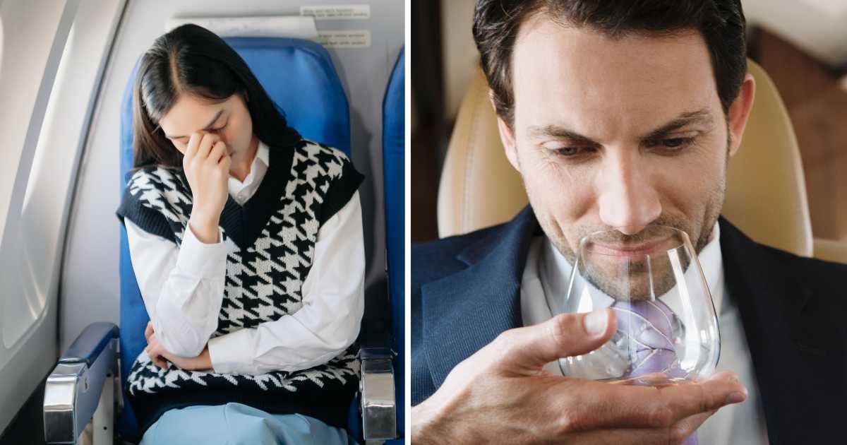 (L) A frustrated girl on her flight seat. (R) A man drinking an alcoholic beverage on a plane. (Representative Cover Image Source: Getty Images | Photo by (L) laddawan punna, (R) Bernd Vogel)