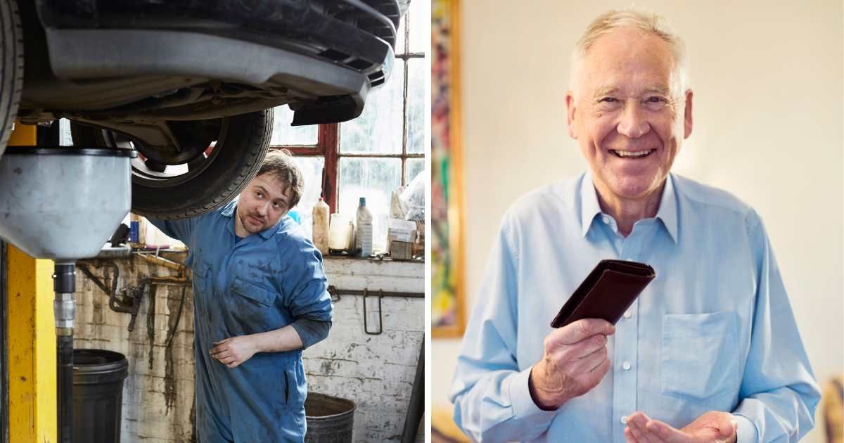 (L) A mechanic fixing a car. (R) An old man smiling while holding his wallet. (Representative Cover Image Source: Getty Images | Photo by (L) Richard Drury, (R) Maskot)
