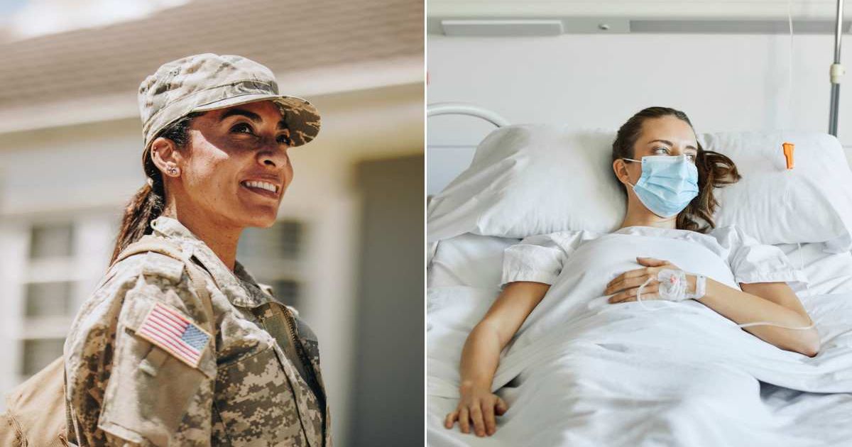 (L) Woman in her military uniform. (R) Woman lying on a hospital bed. Representative Cover Image Source: Getty Images | Jacoblund; Morsa Images