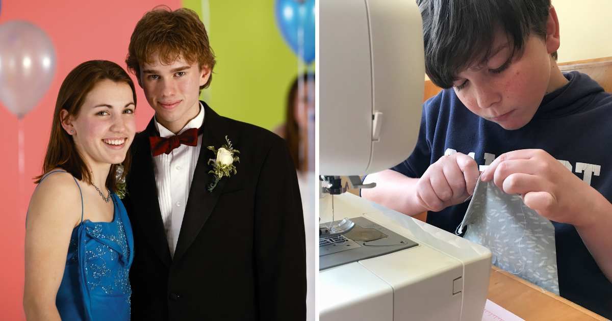 (L) A couple at their high school prom. (R) A young boy sewing. (Representative Cover Image Source: Getty Images | Photo by (L) Comstock, (R) Cyndi Monaghan)