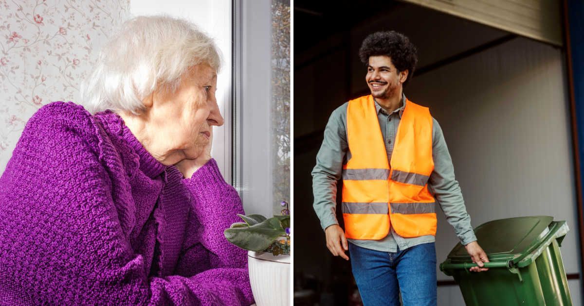 (L) An old woman looking outside the window. (R) A garbage collector taking out trash. (Representative Cover Image Source: Getty Images | Photo by (L) Marina113, (R) dusanpetkovic)