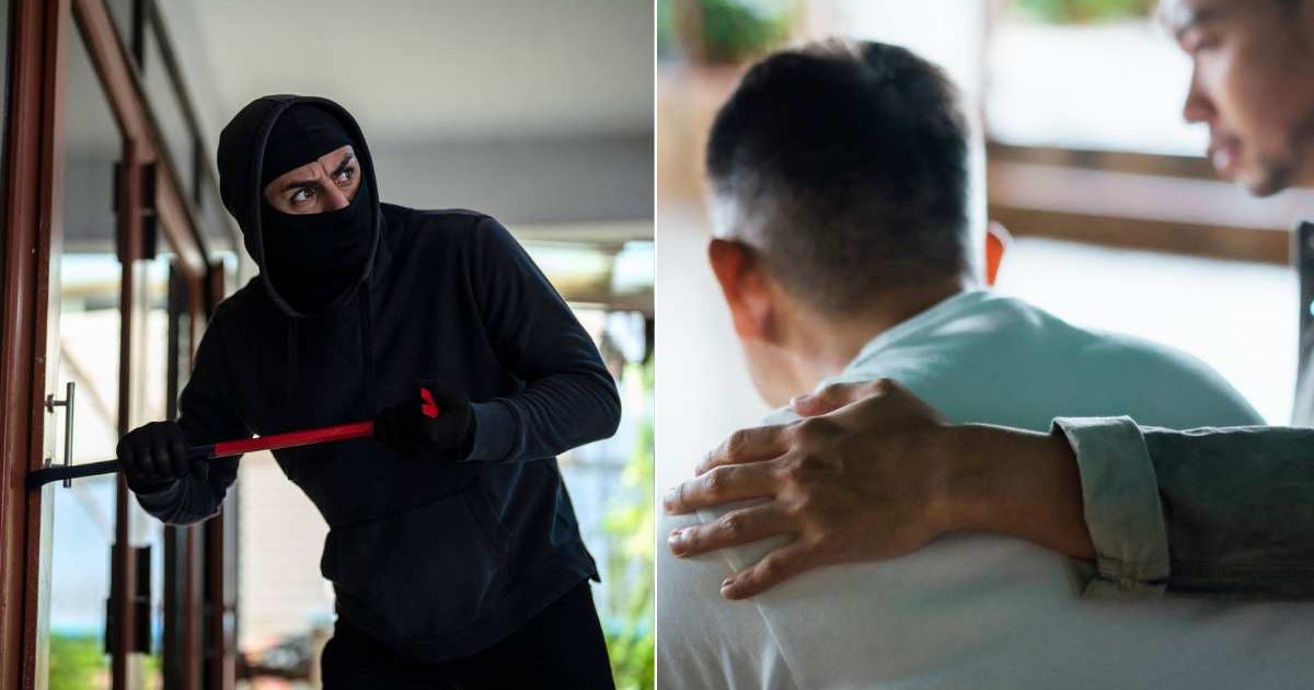 (L) A burglar trying to get inside a house. (R) A man trying to reassure another man. Representative Cover Image Source: Getty Images | Witthaya Prasongsin; Asia Vision