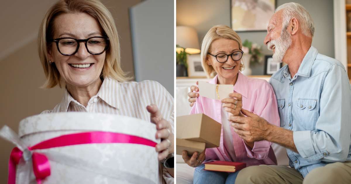 (L) A middle-aged woman opening a gift box and smiling. (R) A couple reading a message. (Representative Cover Image Source: Getty Images | Photo by (L) Lol2368, (R) Miljan Zivkovic)