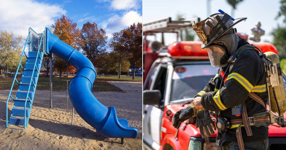 (L) A tube slide at a children's park. (R) Rescue worker getting ready for an emergency. Representative Cover Image Source: Getty Images | Glasshouse Images; Natnan Srisuwan