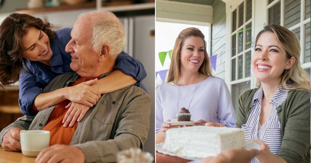 (L) Adult daughter hugging her dad. (R) Woman organizing a bake sale. Representative Cover Image Source: Getty Images | Rido Franz; SDI Productions