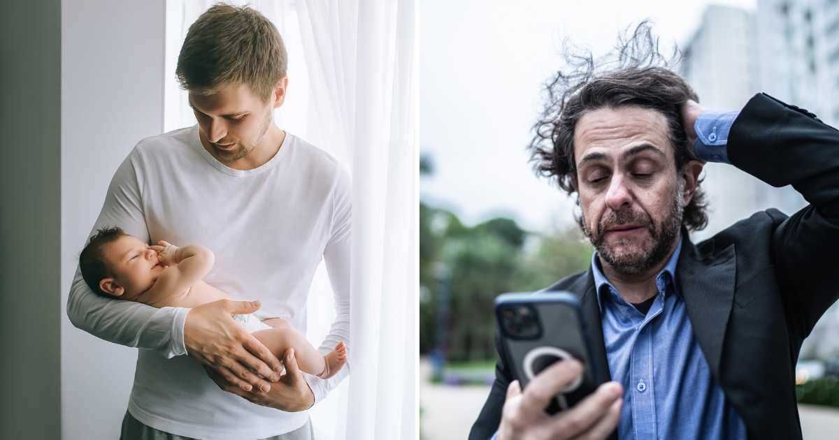 (L) A young man holding a newborn baby. (R) A man looking desperate while getting a call on his mobile phone. (Representative Cover Image Source: Getty Images | Photo by (L) Light field studios, (R) FG Trade)