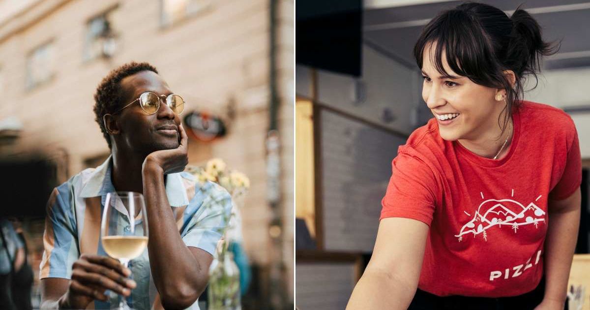(L) A man looking ahead while sitting at a restaurant. (R) Waitress serving customers with a smile on her face. Representative Cover Image Source: Getty Images | Maskot; The Good Brigade