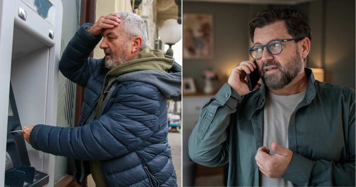 (L) Middle-aged man holds hand on head after losing money in scam at ATM. (Representative Cover Image Source: Getty Images| Goran Babic), (R) Worried man hurriedly making phone call. (Representative Cover Image Source: Getty Images|Milan Markovic)
