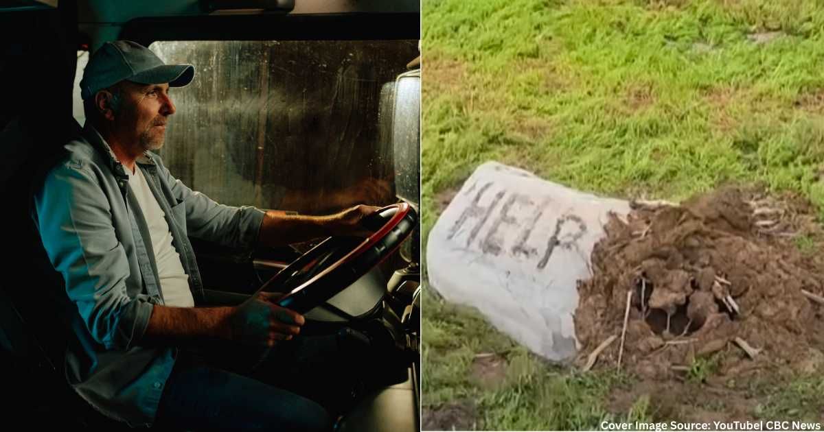 (L) Man stranded in truck in wilderness. (Representative Cover Image Source: Getty Images| Photo by Dimensions), (R) 'HELP' sign carved by Andrew Barber later spotted by search and rescue teams. (Cover Image Source: YouTube| CBC News)