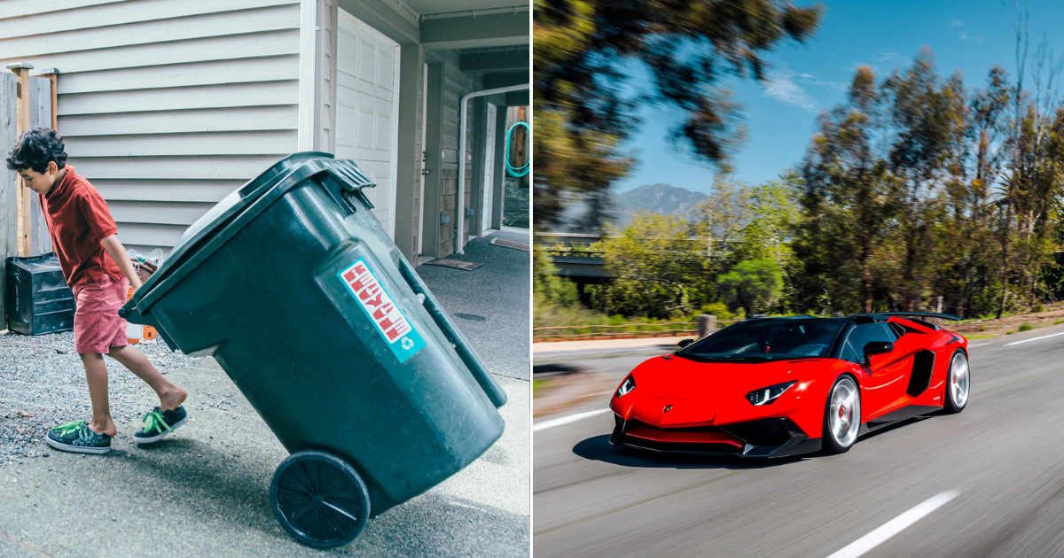 (L) Little boy pulling a trash can. (R) Lamborghini on the road. Representative Cover Image Source: Getty Images | Inti St Clair; Brandon Woyshnis