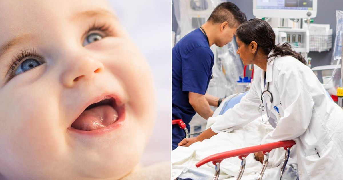 (L) Close-up image of a baby's face. (R) Doctors preparing for an emergency situation. Representative Cover Image Source: Getty Images | Tetra Images; SDI Productions