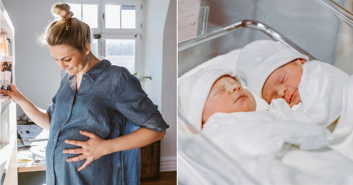 (L) Pregnant woman holding belly bump affectionately. (Representative Cover Image Source: Getty Images| Westend61), (R) Newborn twins lying together in bassinet. (Representative Cover Image Source: Getty Images| serts)