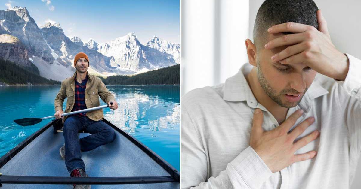 (L) Man rowing a boat. (R) Terrified man with his hands on his face and heart. Representative Cover Image Source: Getty Images | Jordan Siemens; bymuratdeniz