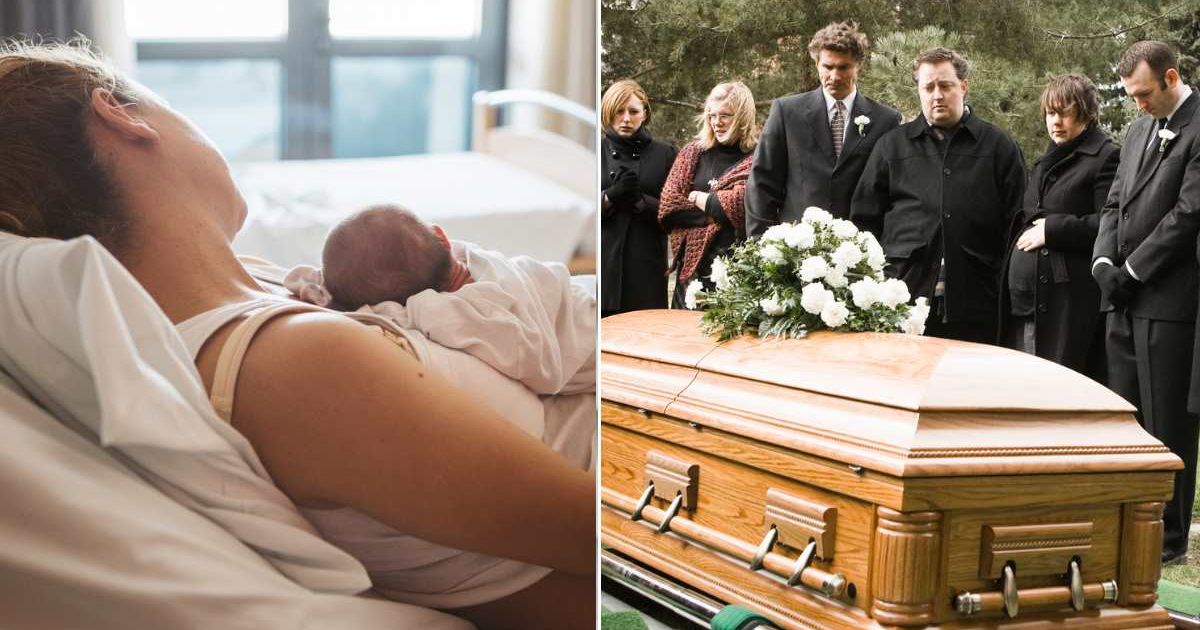 (L) Mom holding her baby after birth. (R) People standing near a casket at a funeral. Representative Cover Image Source: Getty Images | Nasos Zovoilis; Rubberball Productions