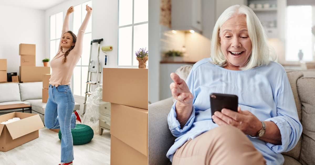 (L) Woman dancing excitedly in new home as she unpacks boxes. (Representative Cover Image Source: Getty Images| Aaron Amat), (R) Elderly woman smiling after hearing good news. (Representative Cover Image Source: Getty Images| Jeff bergen)
