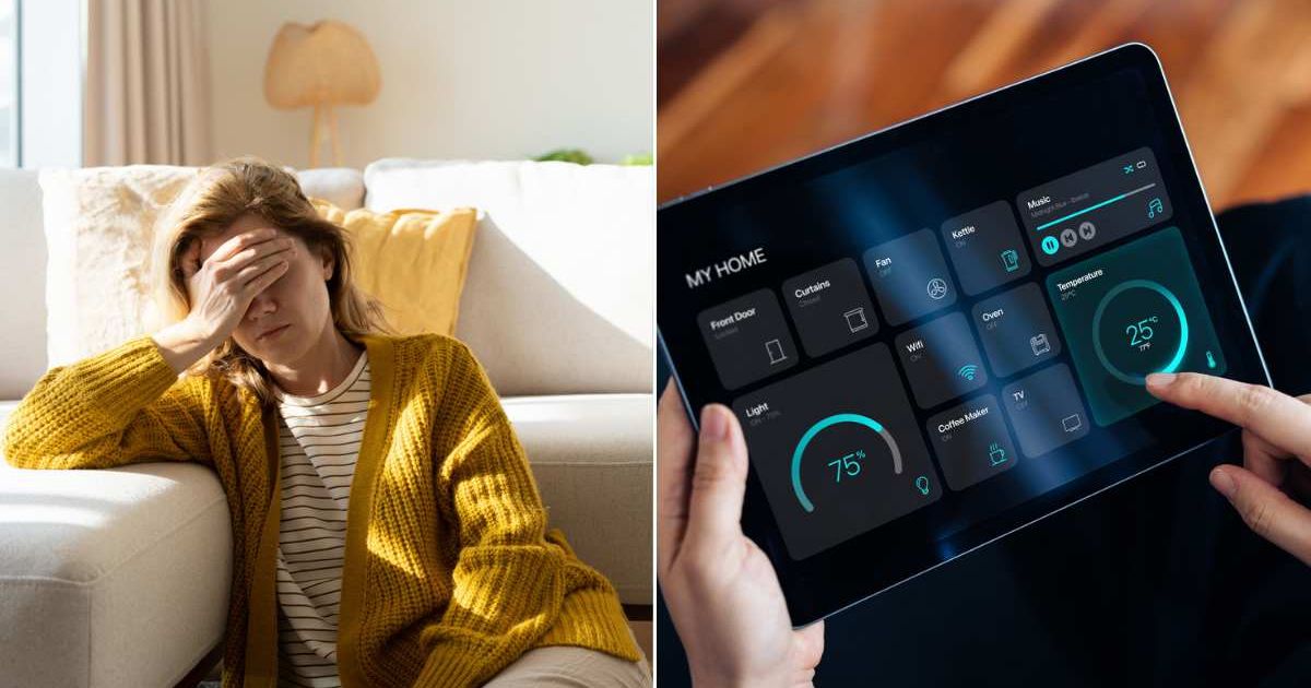 (L) Upset woman sitting on the floor next to the sofa. (R) Person using an iPad. Representative Cover Image Source: Getty Images | Ingwervanille; D3sign