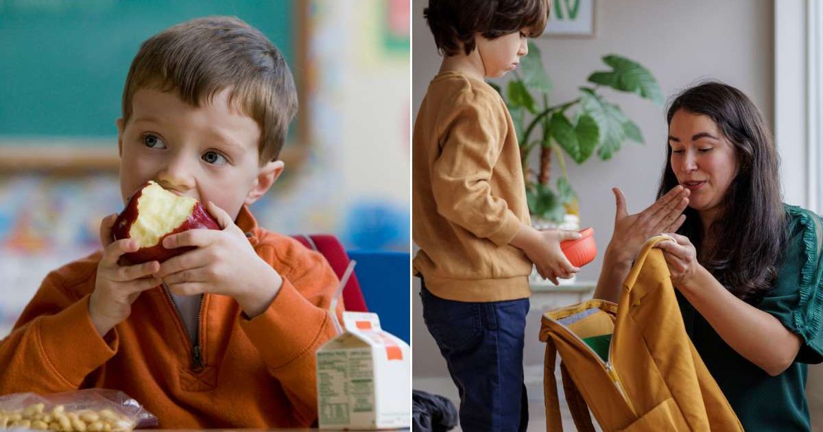 (L) Boy eating lunch at school; (R) Mom talking to her son while packing his lunch for school. (Representative Cover Image Source: Getty Images | Photo by (L) Jose Luis Pelaez Inc; (R) Maskot)