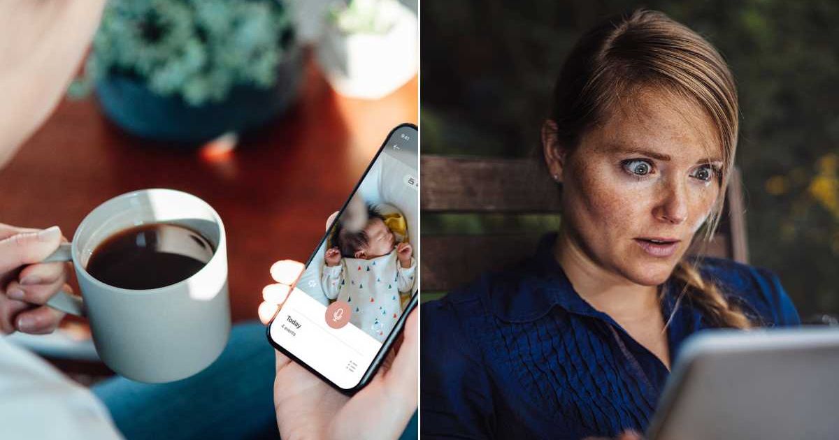 (L) Woman looking at her baby through a baby monitor. (R) Woman looking at a laptop with a surprised expression. Representative Cover Image Source: Getty Images | Oscar Wong; Guido Mieth