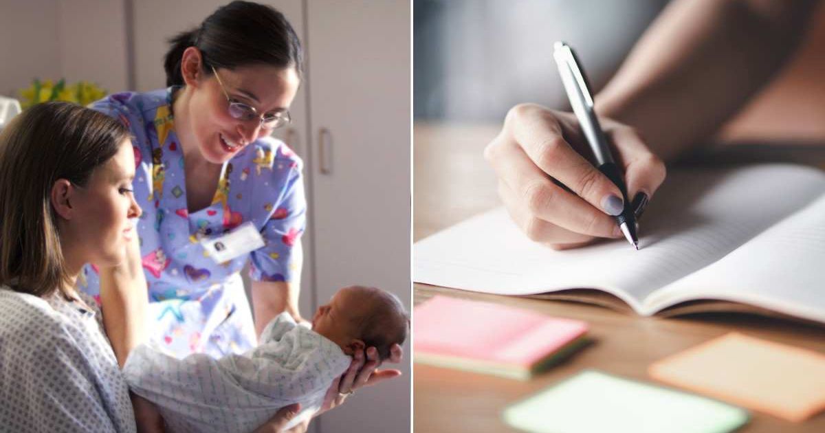 (L) Nurse with new mom and her baby. (R) A person writing a note. Representative Cover Image Source: Getty Images | PhotoDisc; TravelCouples