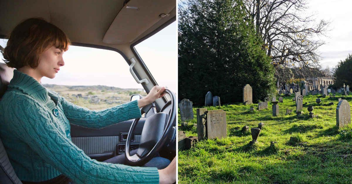 (L) A woman driving. (R) A cemetery. (Representative Cover Image Source: Getty Images | Photo by (L) Jupiterimages, (R) Colors Hunter)