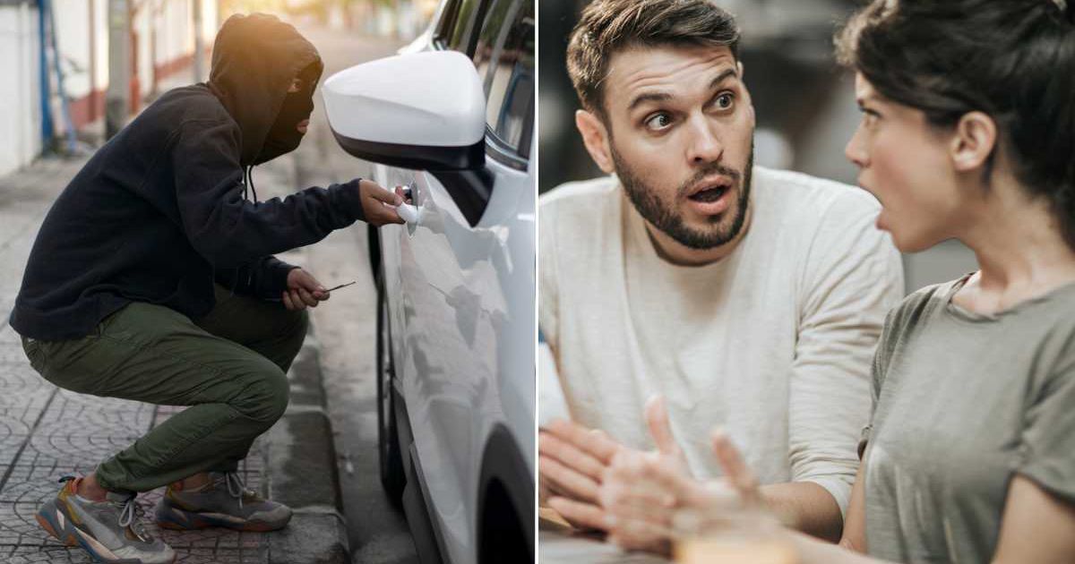 (L) Man stealing a car. (R) Couple looking at each other with shocked expressions. Representative Cover Image Source: Getty Images | Witthaya Prasongsin; skynesher