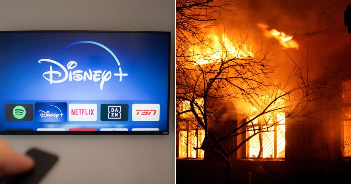(L) Person watching Disney+ on TV. (R) A building on fire. Representative Image Source: Getty Images | Marvin Samuel Tolentino Pineda; Photovova