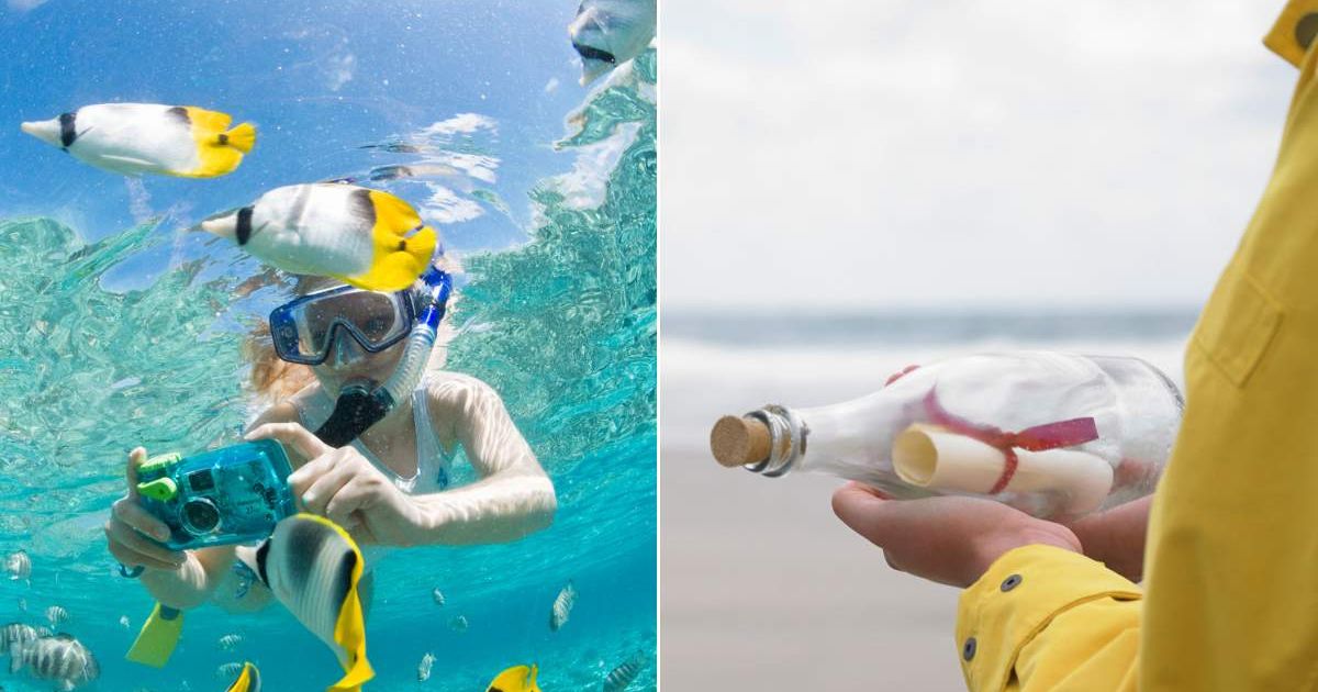 (L) Woman scuba diving. (R) Person holding a message inside a bottle. Representative Cover Image Source: Getty Images | Michele Westmorland; Dougal Waters