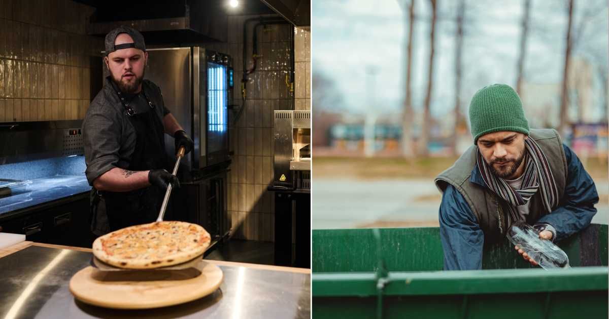(L) Restaurant owner preparing pizza. (Representative Cover Image Source: Getty Images| Pixels Effect), (R) Homeless man digging through trash. (Representative Cover Image Source: Getty Images| shironosov)
