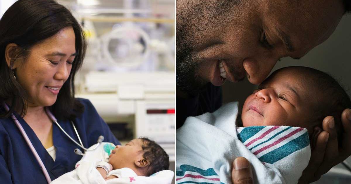 (L) NICU nurse with a newborn baby. (R) Dad with a newborn baby. Representative Cover Image Source: Getty Images | ER Productions Limited; Ariel Skelley