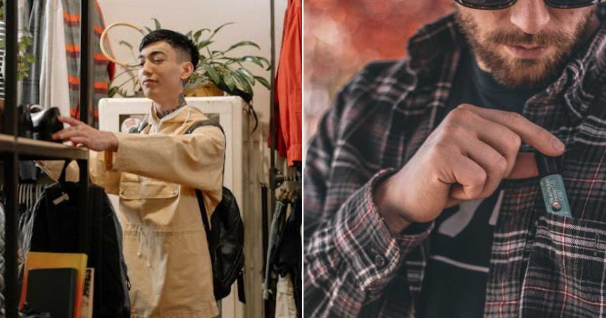 (L) Man shopping at a thrift store. (R) Man checking his coat pocket. Representative Cover Image Source: Pexels | Cotton Bro Studio; Laryssa Suaid