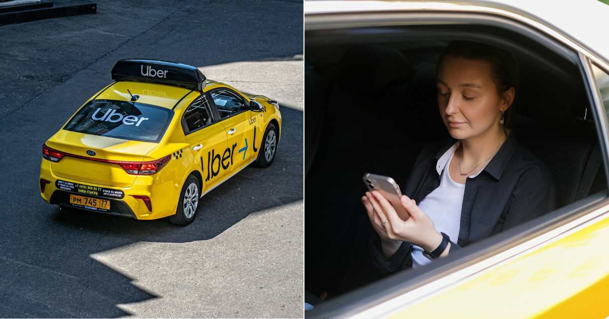 (L) Uber vehicle driving through roads. (Representative Cover Image Source: Pexels| Aleksandr Sochnev), (R) Woman seated in taxi poignantly reflecting on something. (Representative Cover Image Source: Pexels| Anna Shvets)