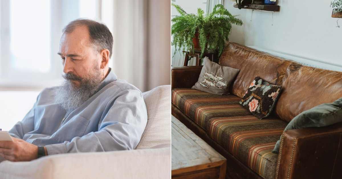 (L) Elderly man sitting on couch and pondering deeply. (Representative Cover Image Source: Pexels| Mikhail Nilov), (R) Vintage couch aesthetically placed in living room. (Representative Cover Image Source: Pexels| Tuğba Kobal Yılmaz)