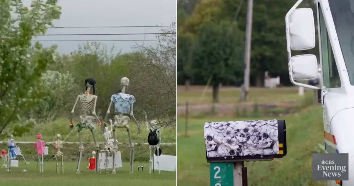 (L) The man's elaborate Halloween display. (R) His Halloween-themed mailbox. Cover Image Source: YouTube | CBS News