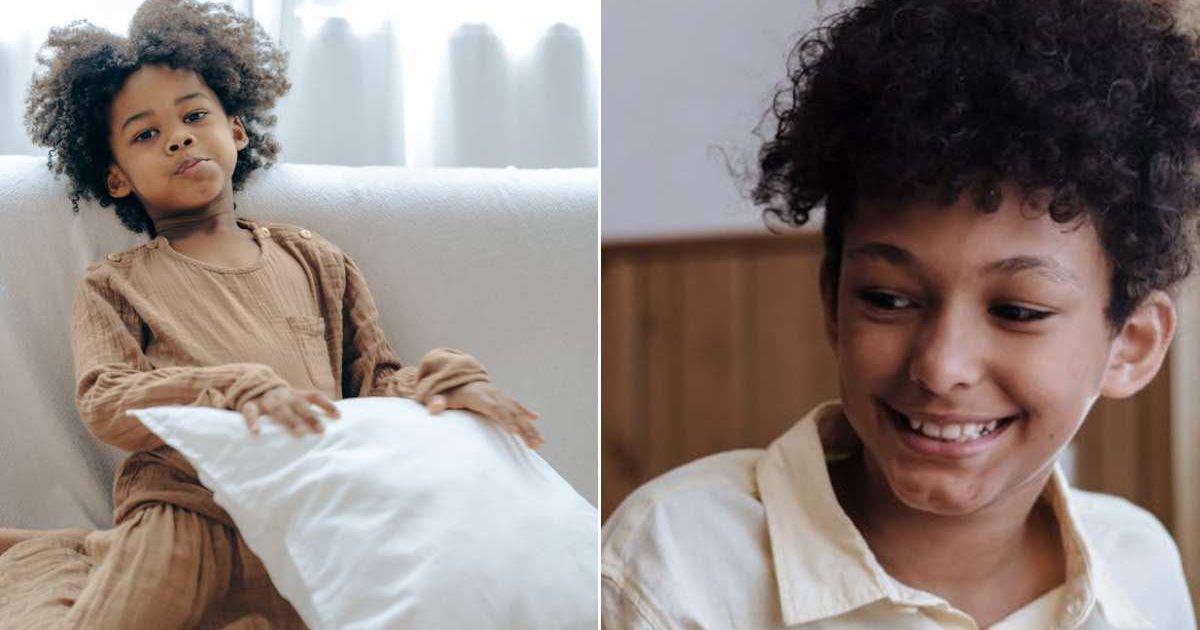 (L) An upset little girl sitting on the sofa. (R) A boy smiling while looking ahead. Representative Cover Image Source: Pexels | Ketut Subiyanto; Ron Lach