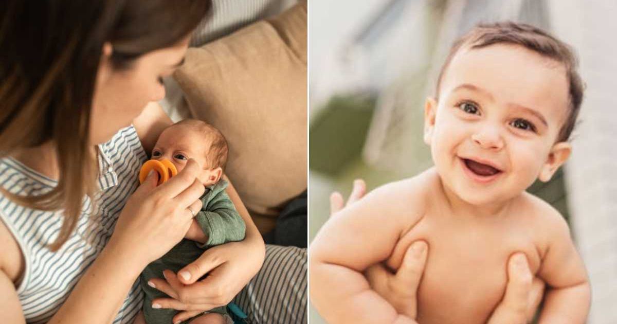 (L) Mom with her newborn baby. (R) Baby with a huge smile on its face. Representative Cover Image Source: Pexels | RDNE Stock Project; Hannah Barata