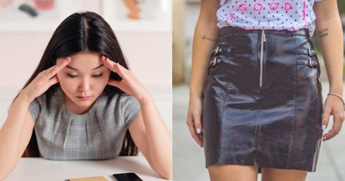 (L) Worried woman sitting with her head in her hands. (R) Person wearing a skirt. Representative Cover Image Source: Pexels | Mikhail Nilov; Heitor Verdi